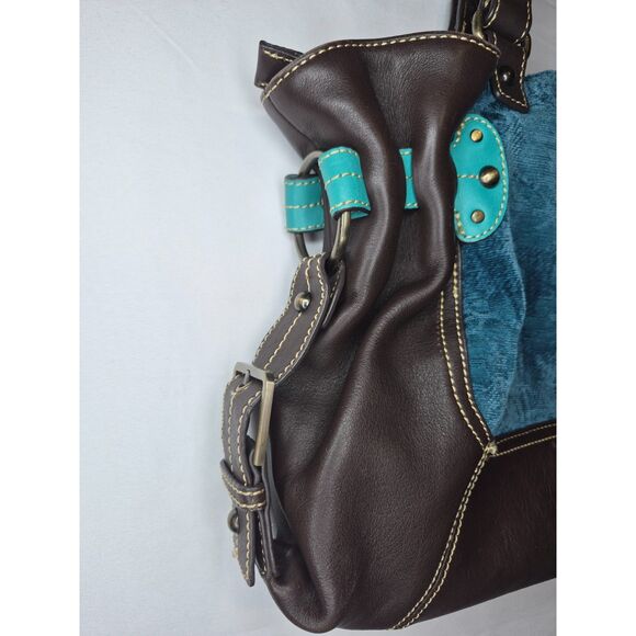 OILLILY Brown and Teal Leather Embroidered Handbag - Picture 3 of 4